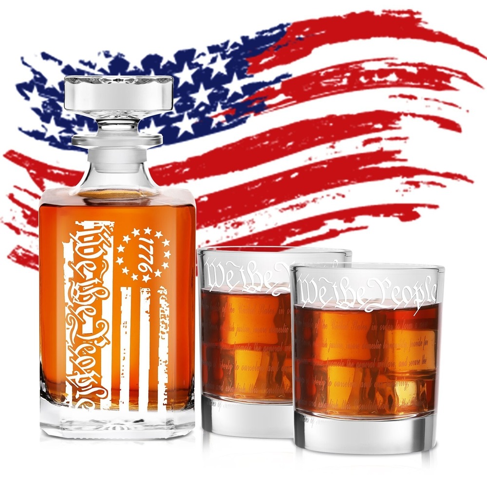 whiskey decanter engraved we the people american flag decanter set with 2 glasse